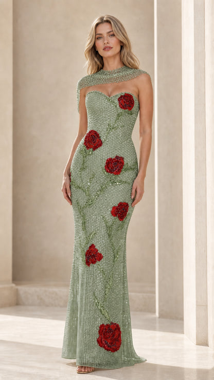 Front view of sage green glitter evening gown with red roses