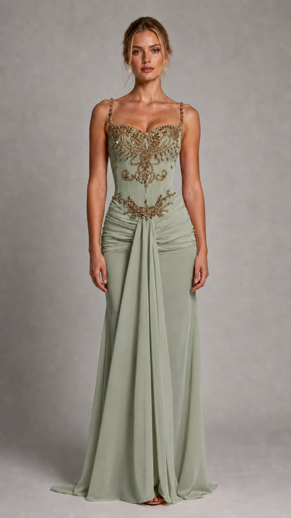 Front view of sage evening gown variant