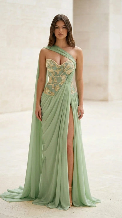Front view of sage green evening gown
