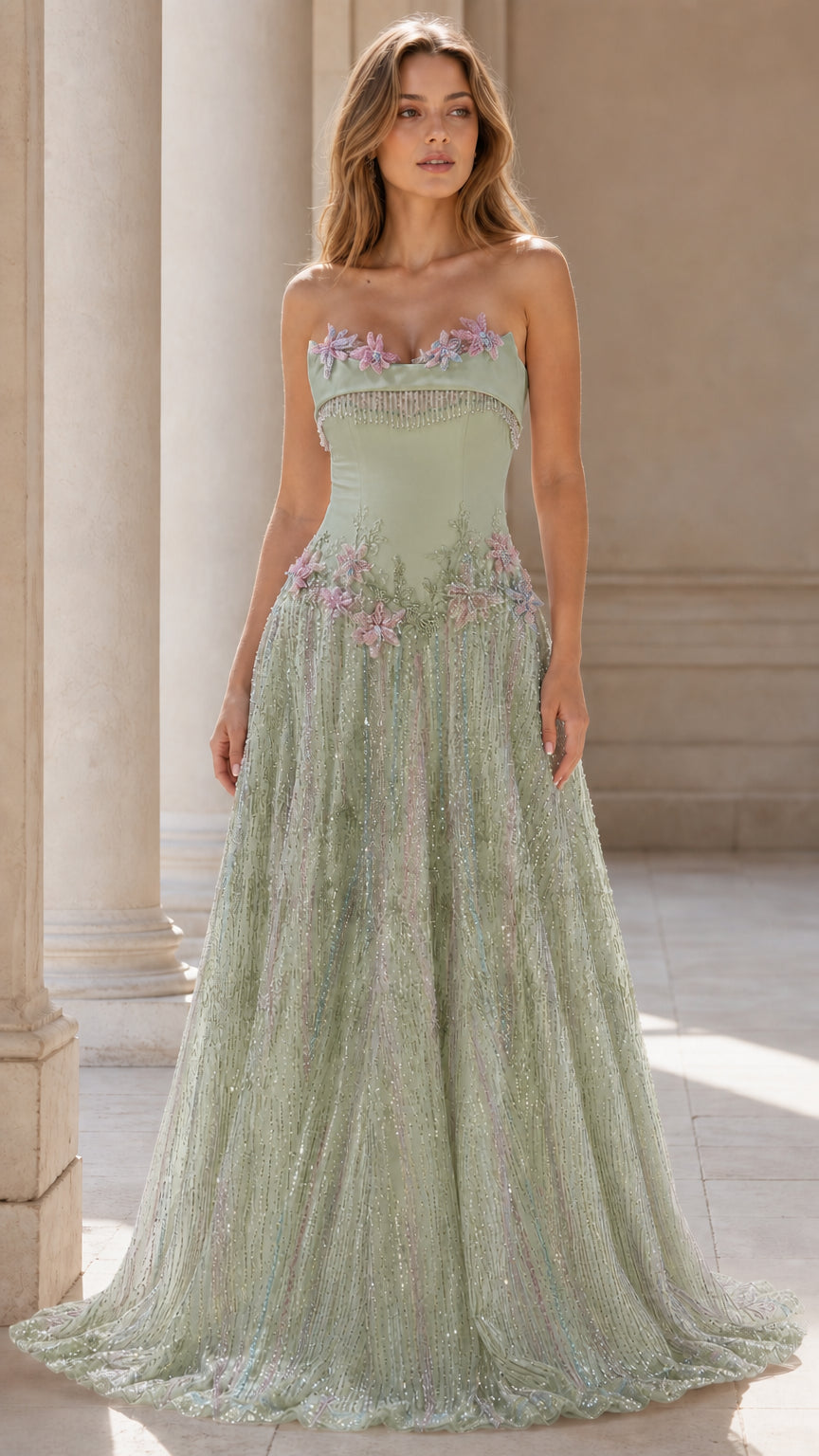 Front view of sage green strapless beaded evening gown