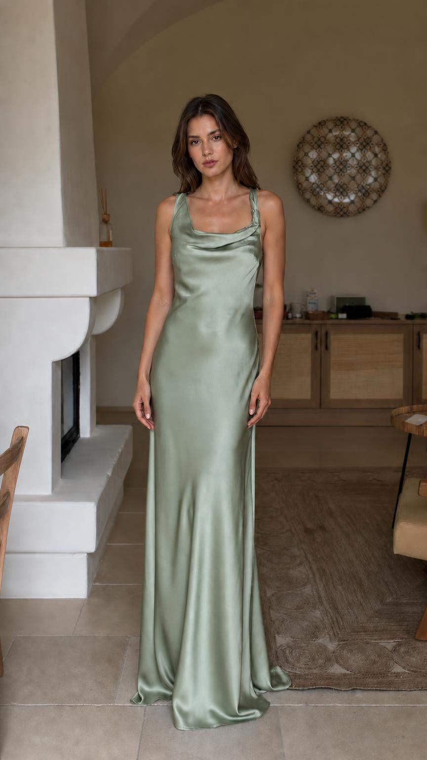 Front view of sage green satin cowl neck maxi dress