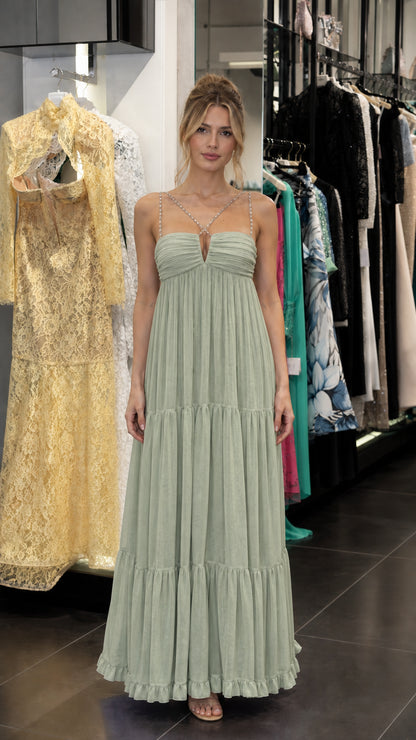 Front view of sage rhinestone strap tiered chiffon maxi dress