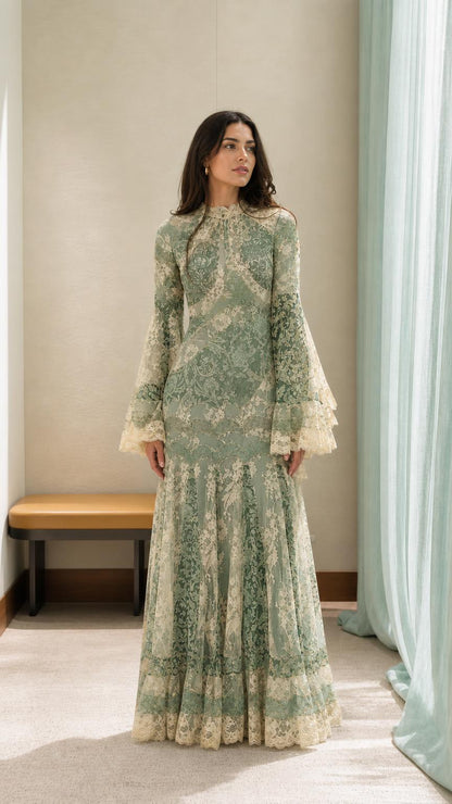 Model wearing the vintage lace maxi dress in sage color variant