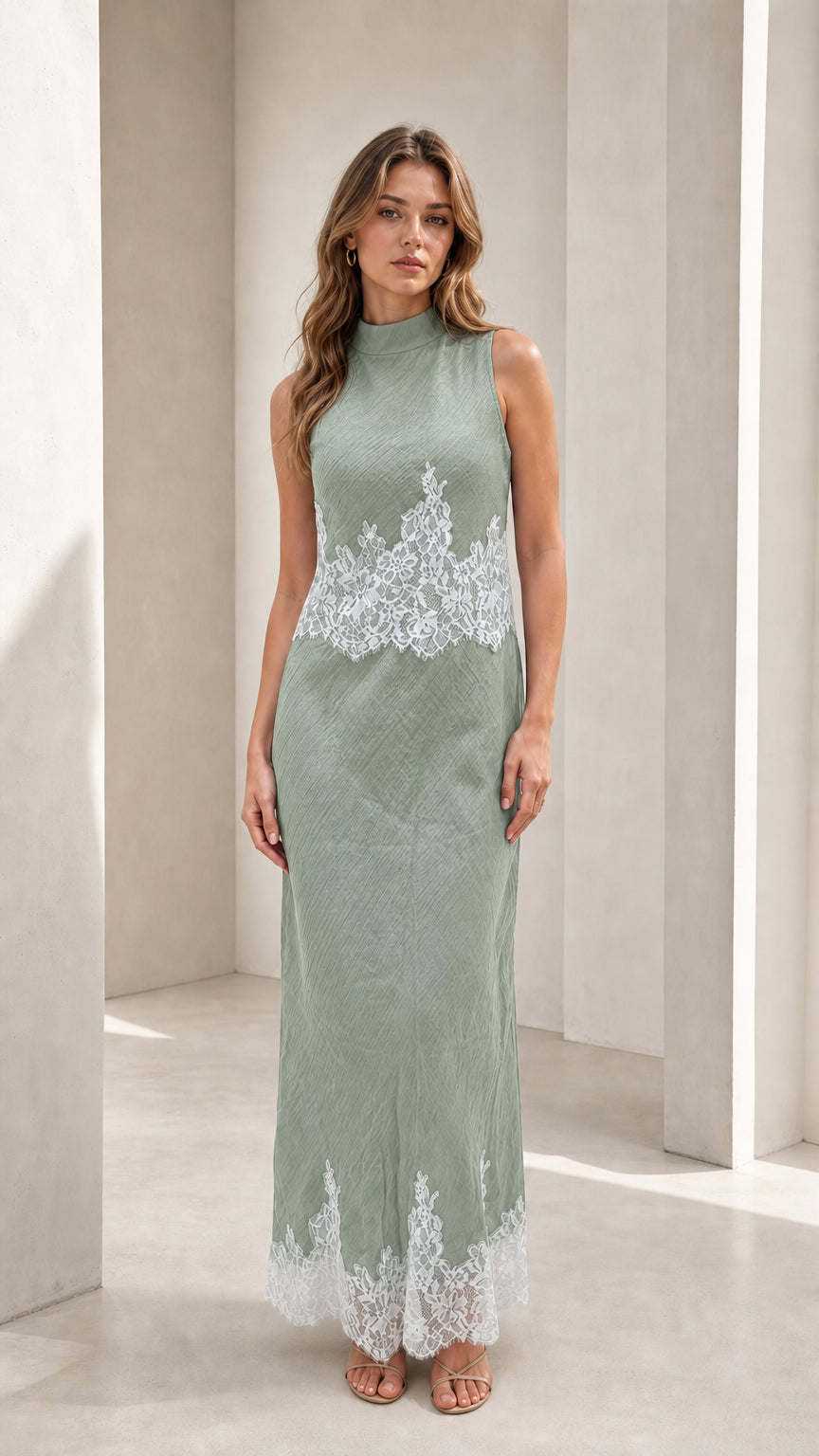 Model wearing sage mock neck lace trim maxi dress