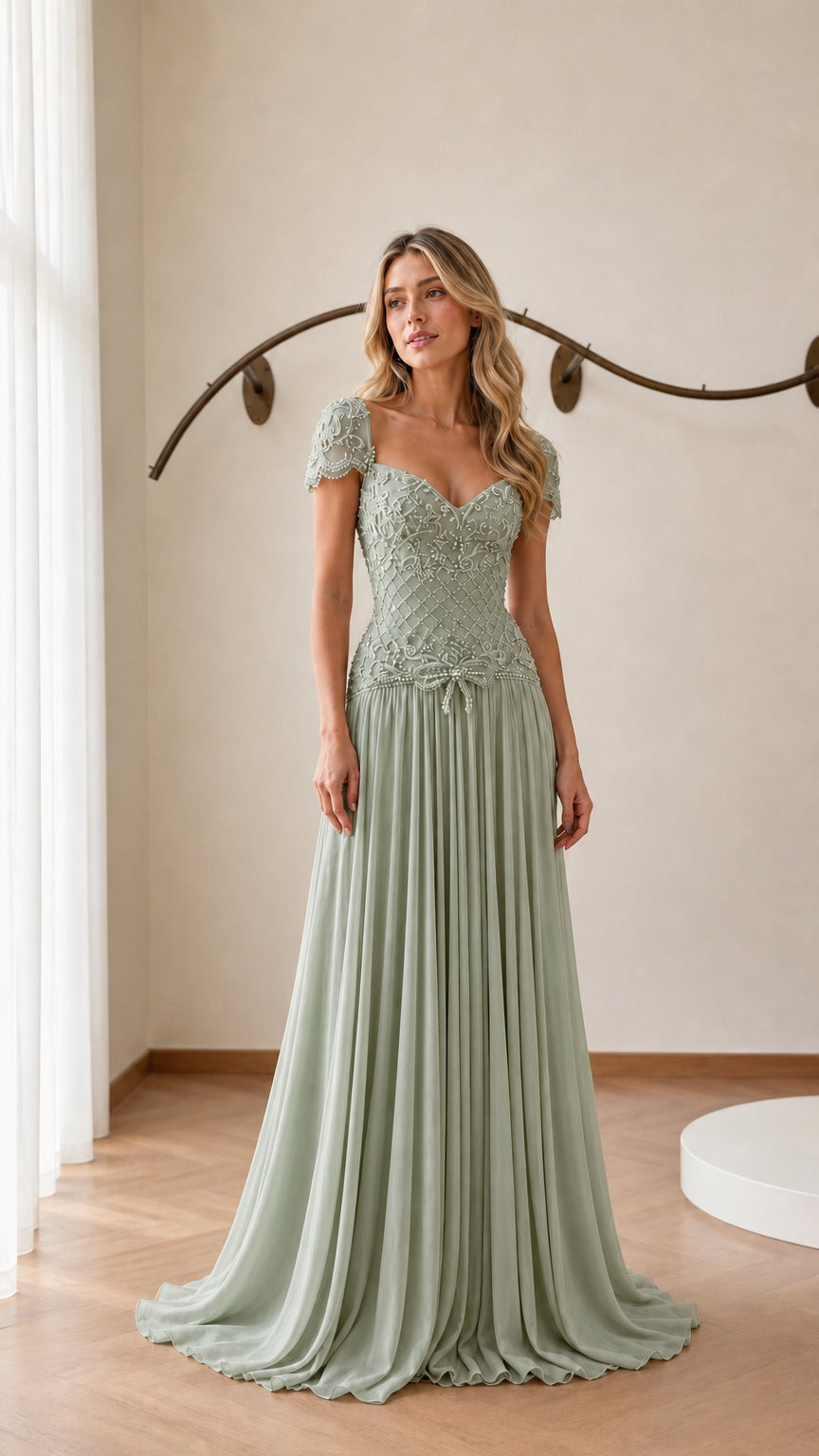 Front view of model wearing sage green evening gown