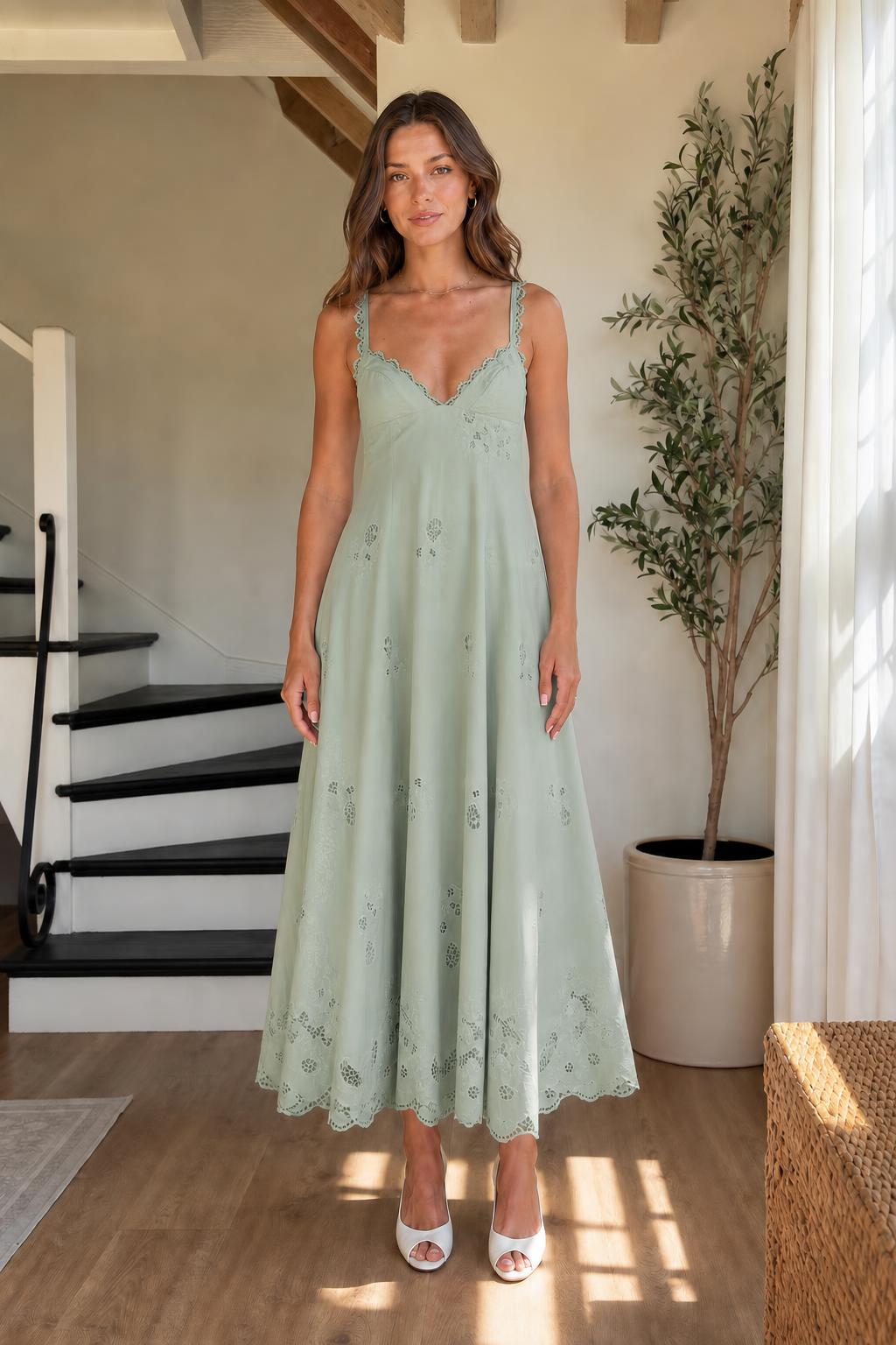Elegance Embroidered Eyelet Midi Dress in Sage Green