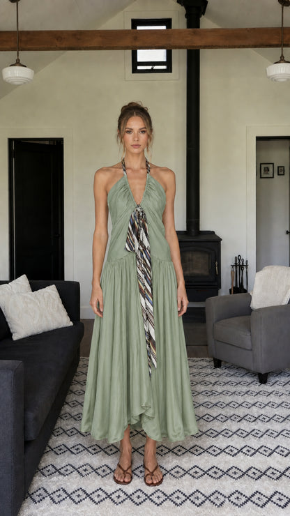 Front view of woman wearing sage green halter neck long dress
