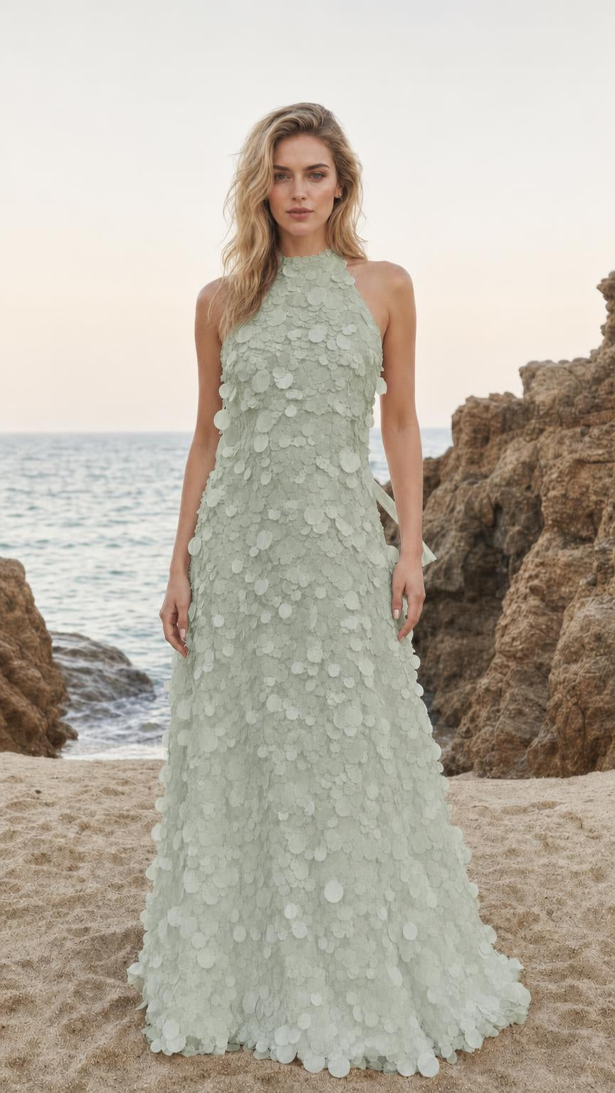 Front view of Sage halter neck 3D floral applique maxi dress