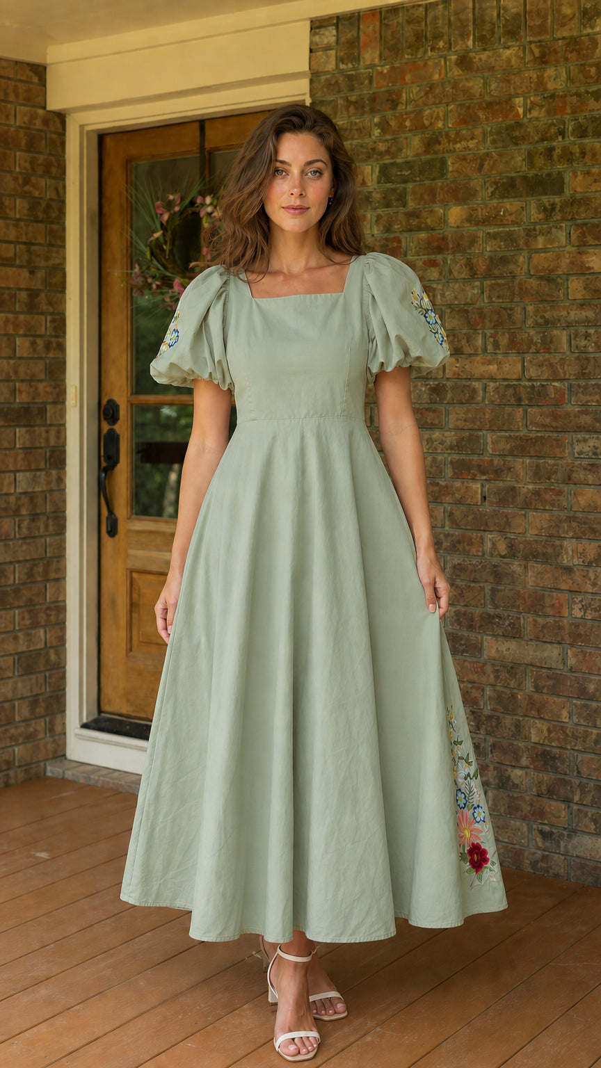 Front view of woman wearing sage green embroidered puff sleeve midi dress