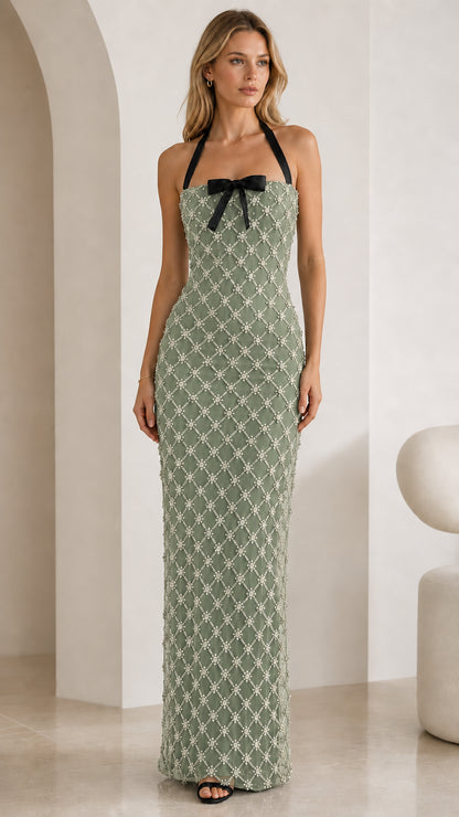 Sage green rhinestone halter maxi dress
