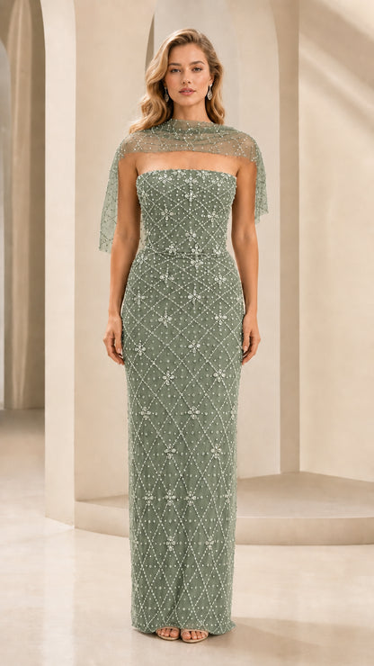 Front view of sage green beaded strapless evening gown