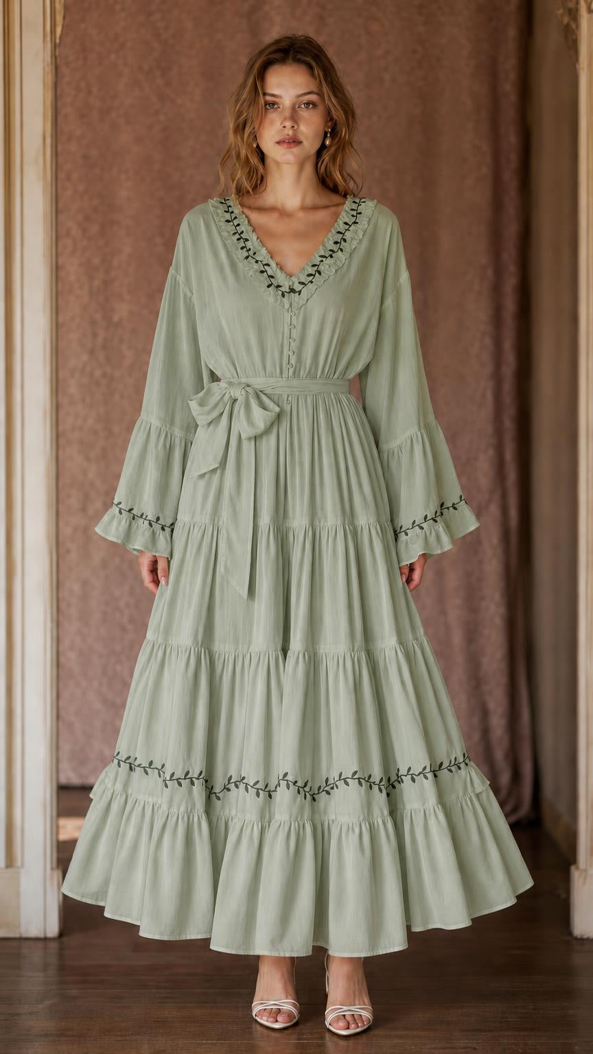 Sage green women's tiered maxi dress with long bell sleeves, tie waist, and ruffled hem