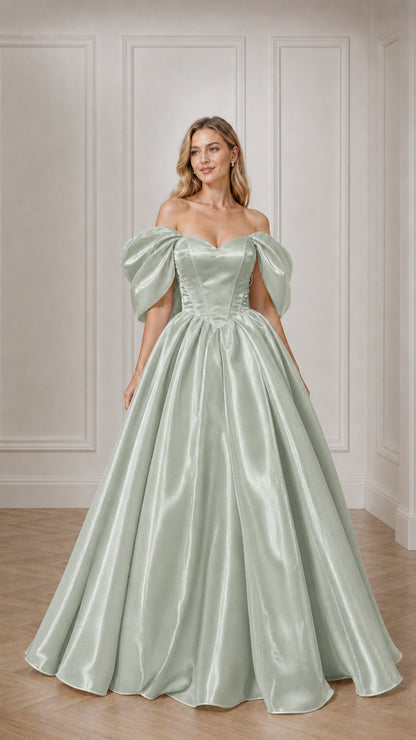 Full view of woman in sage green off-the-shoulder satin ball gown