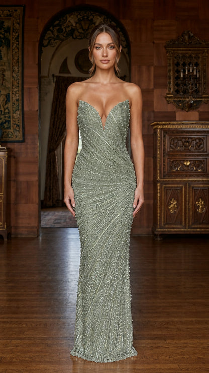 Front view of sage green color variant of the strapless evening gown