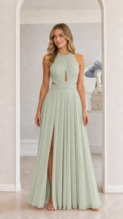 Model wearing sage green chiffon halter maxi dress with front slit