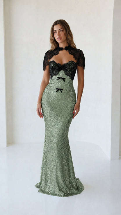 Sage green sequin evening gown with black lace bodice