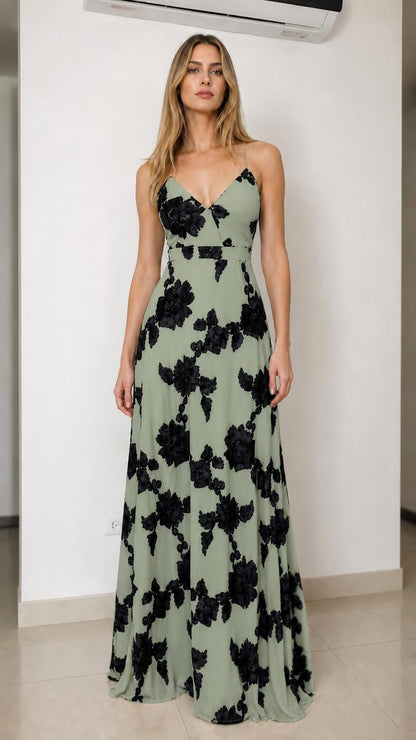 Front view of sage green floral applique maxi dress
