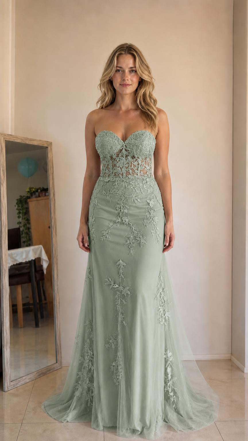 Front view of sage green strapless mermaid evening gown
