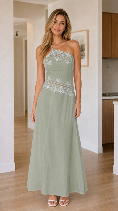 Front view of sage green one-shoulder embroidered maxi dress