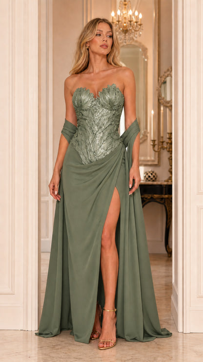 Sage green evening gown with gold metallic leaf bodice