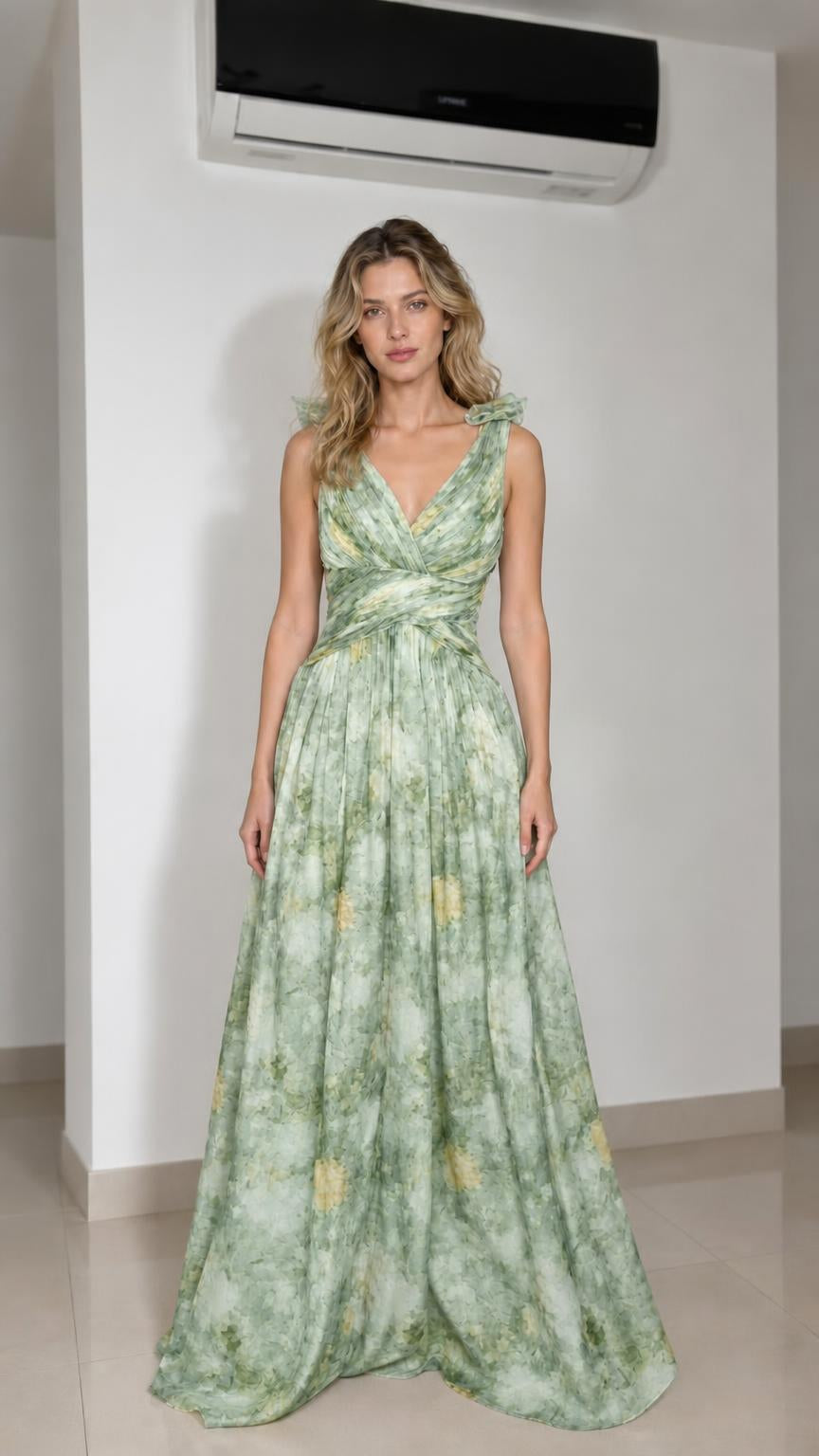 Model wearing sage green floral print maxi dress