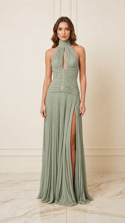 Front view of sage green pleated halter evening dress