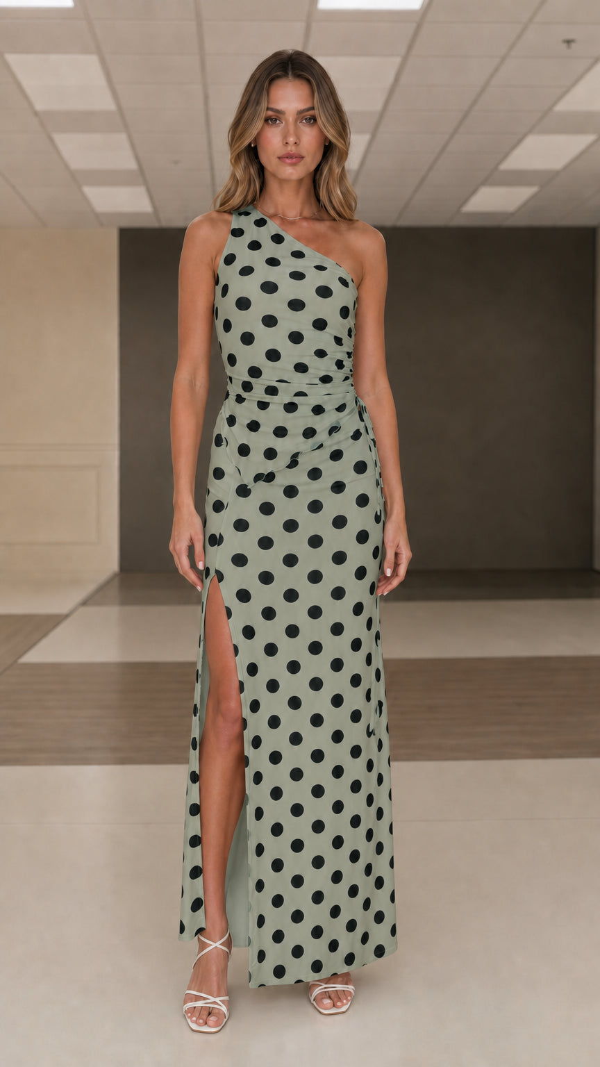 Front view of sage green and black polka dot one shoulder maxi dress