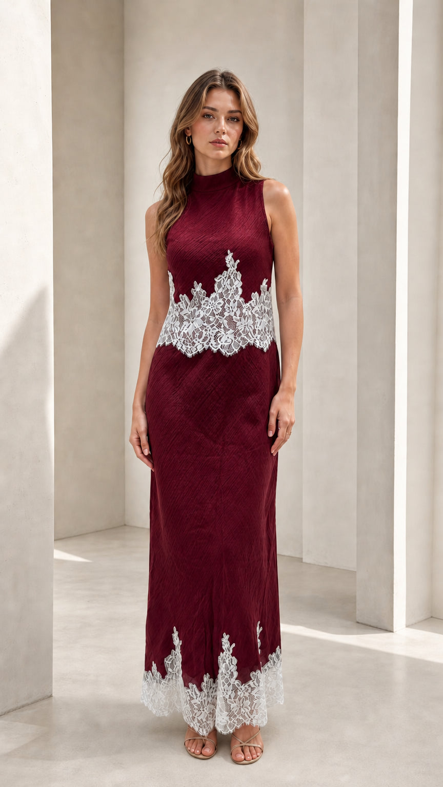 Model wearing burgundy mock neck lace trim maxi dress