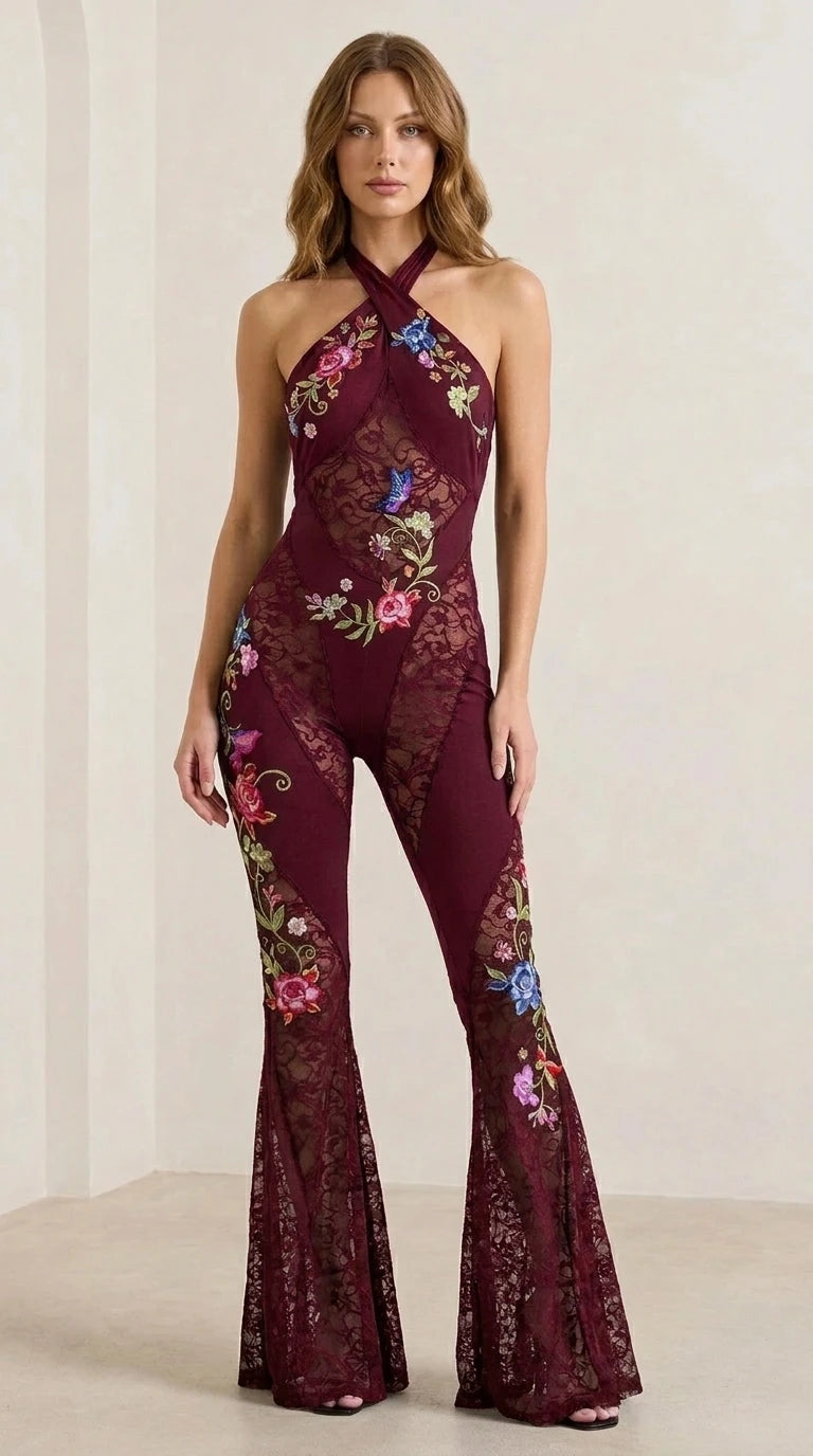 Burgundy color variant of the floral embroidered lace jumpsuit