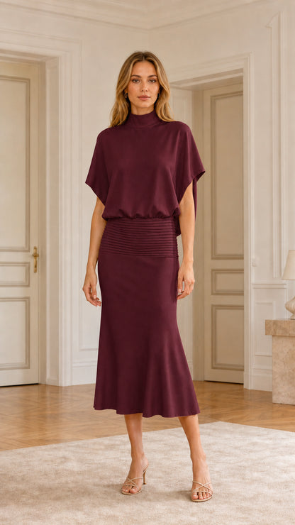 Front view of burgundy mock neck midi dress
