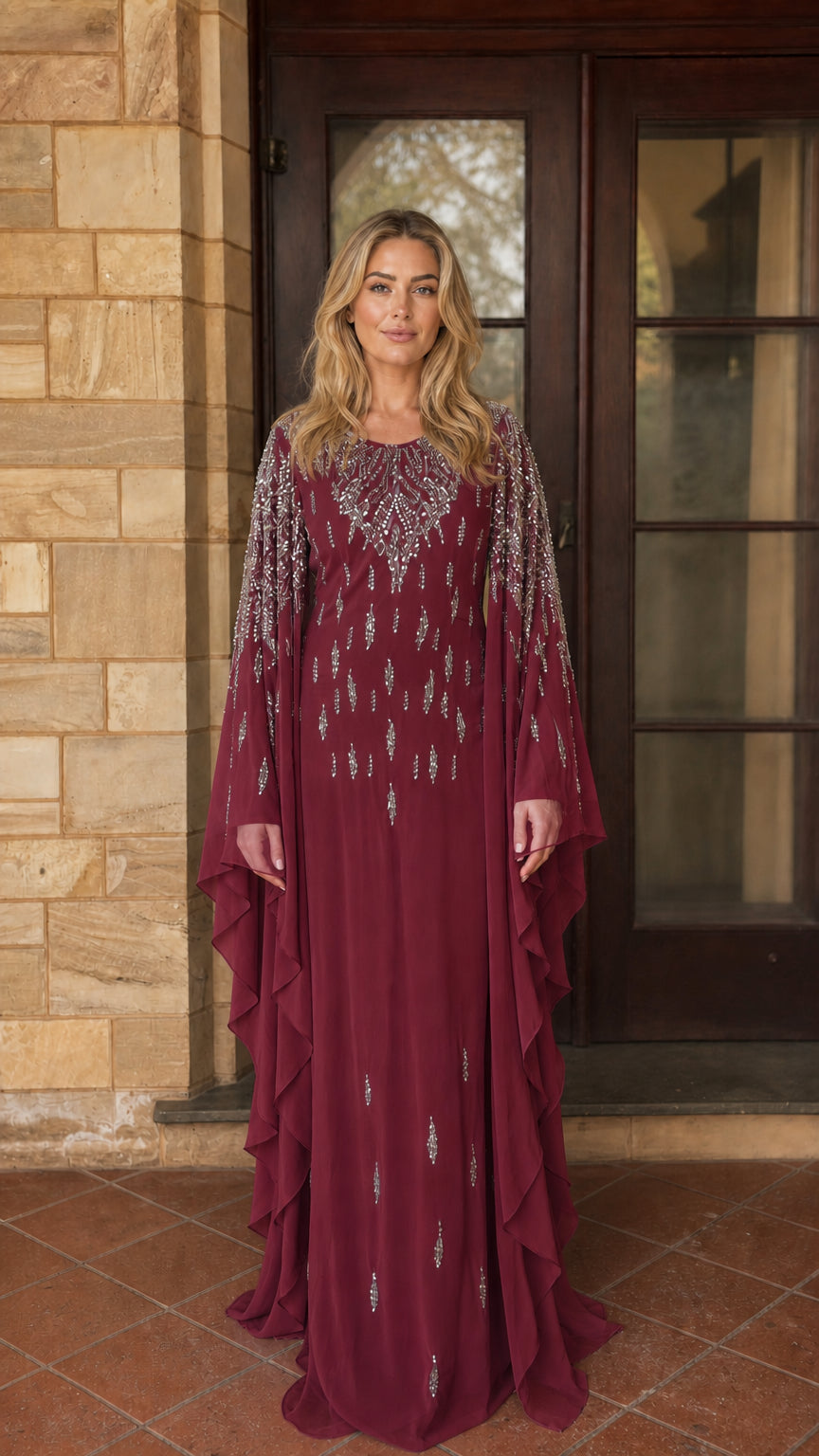 Burgundy beaded kaftan maxi dress