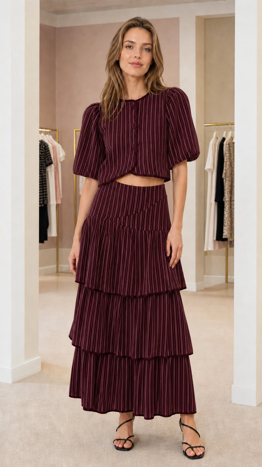Front view of model wearing burgundy pinstripe matching set