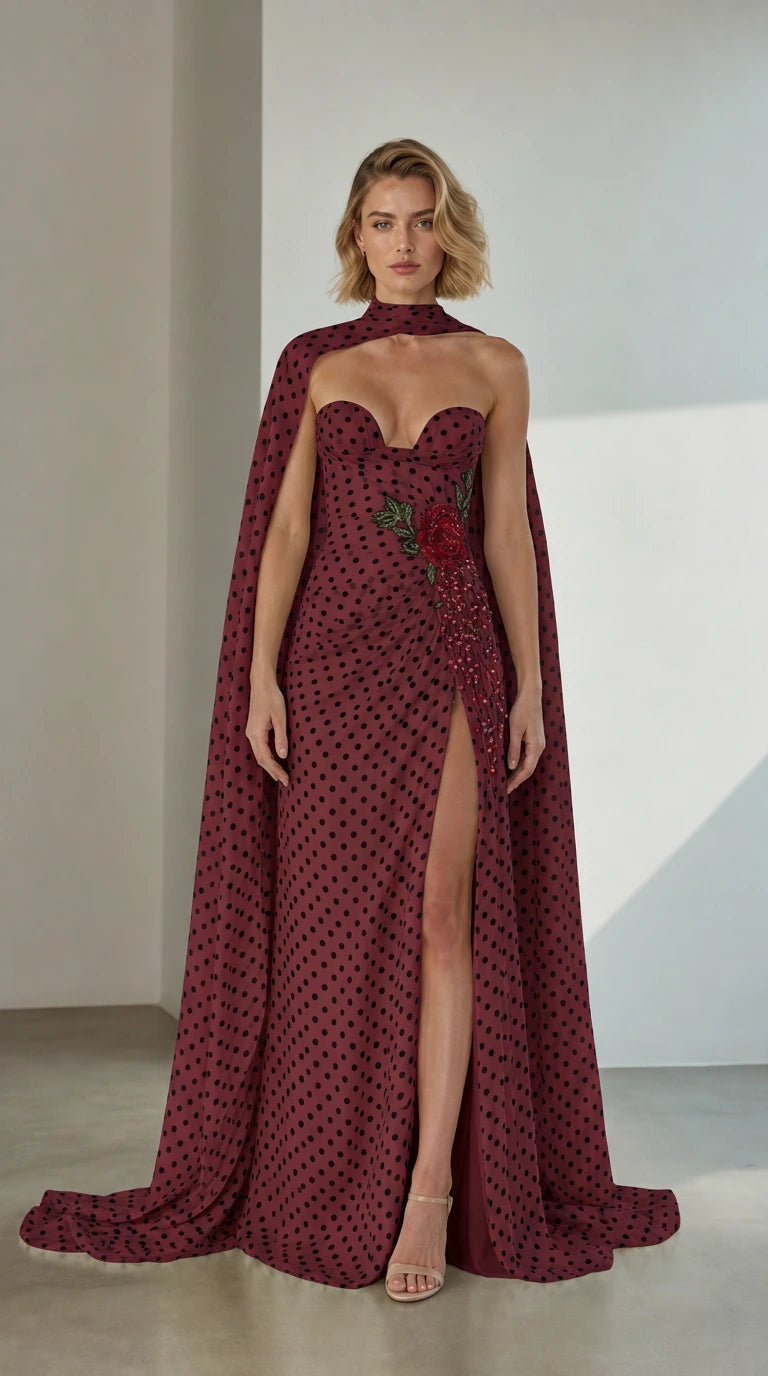 Front view of Burgundy Polka Dot Embellished Cape Evening Gown