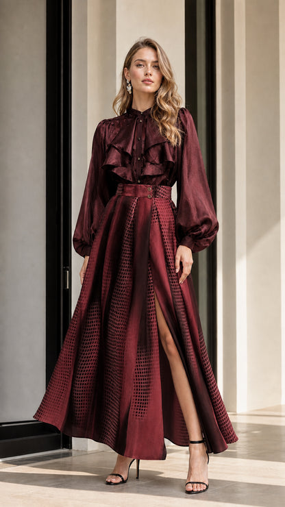 Model wearing burgundy gradient maxi skirt with matching blouse