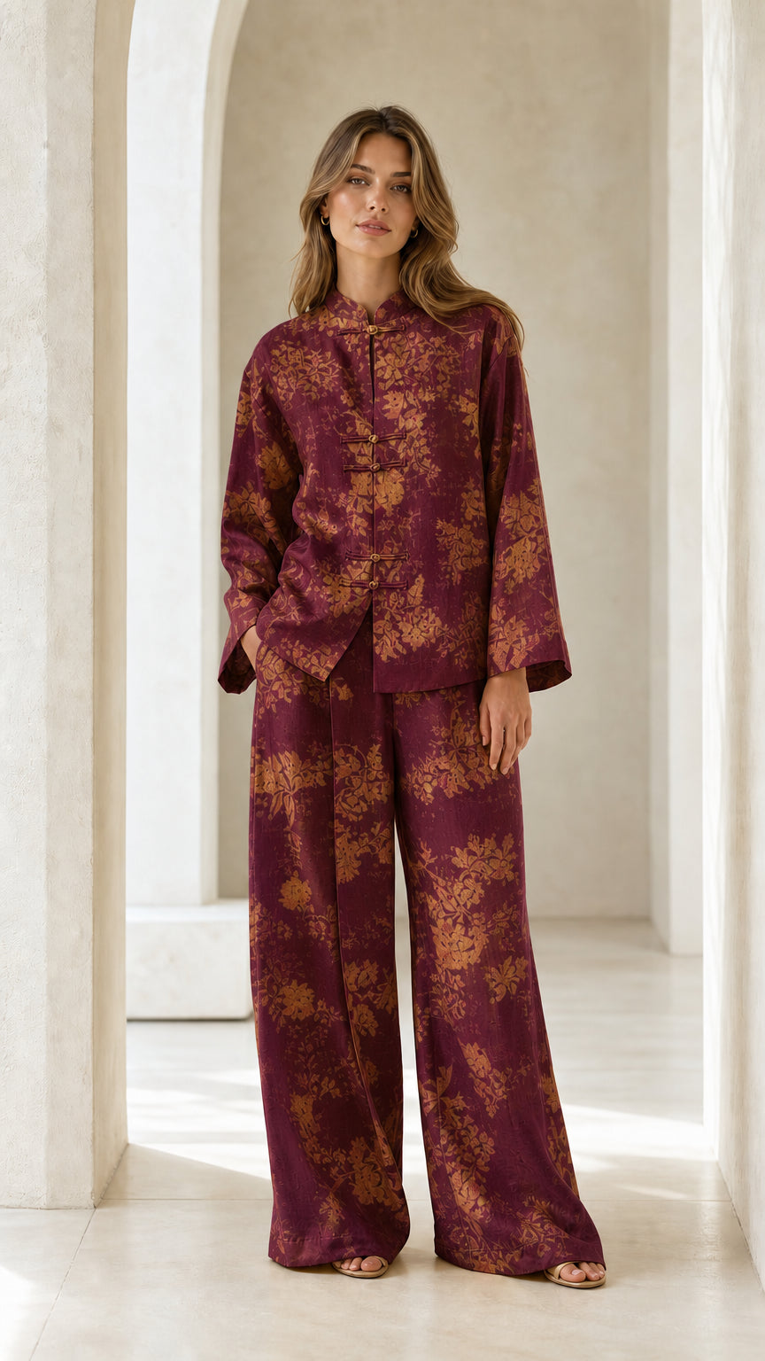 Front full view of woman wearing burgundy floral two-piece set