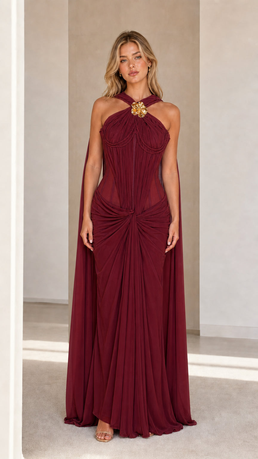 Model wearing burgundy evening cape maxi dress