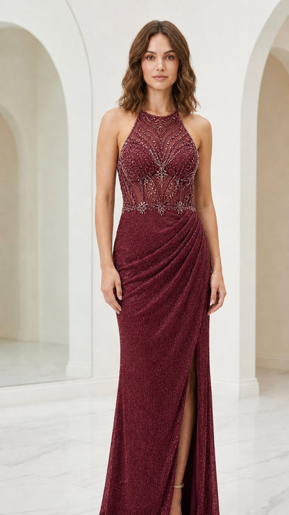 Front view of burgundy glitter formal evening dress