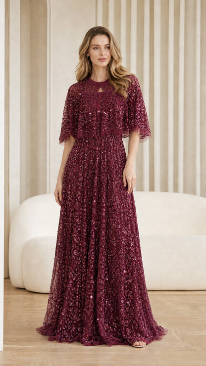 Front view of burgundy sequin maxi dress