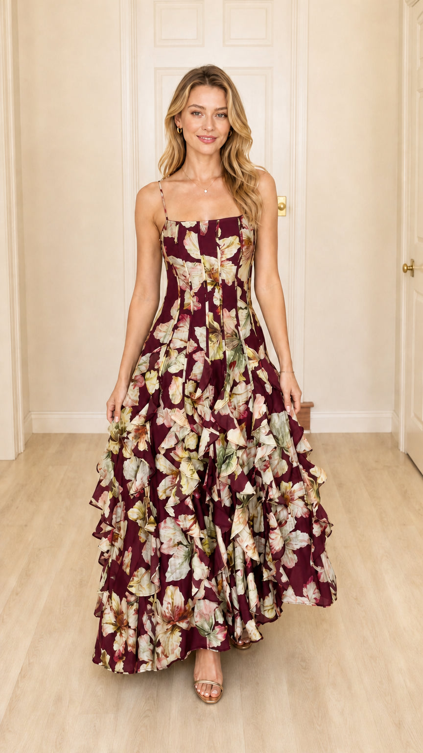 Floral Print Ruffled Cami Maxi Dress in Burgundy