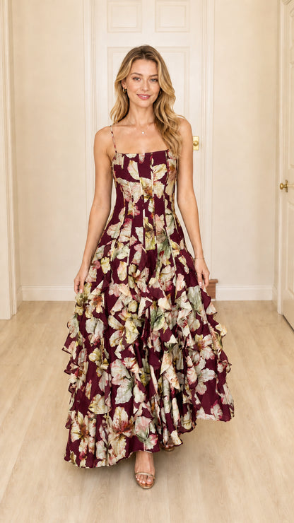 Floral Print Ruffled Cami Maxi Dress in Burgundy