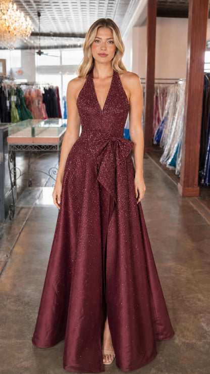 Front view of burgundy glitter halter evening dress