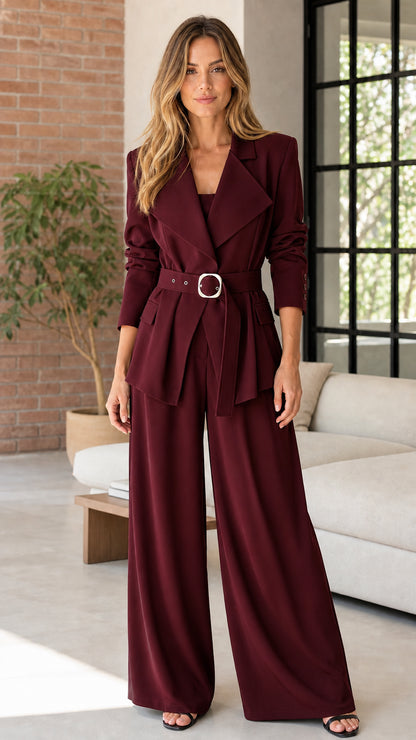 Woman wearing burgundy belted blazer and wide leg pants set