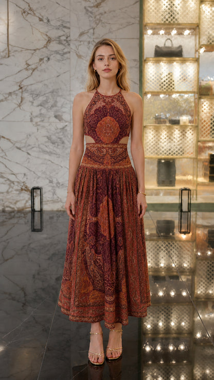Front view of Burgundy Multi paisley halter midi dress