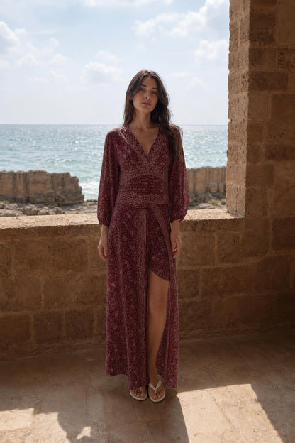 Front view of burgundy floral maxi dress variant