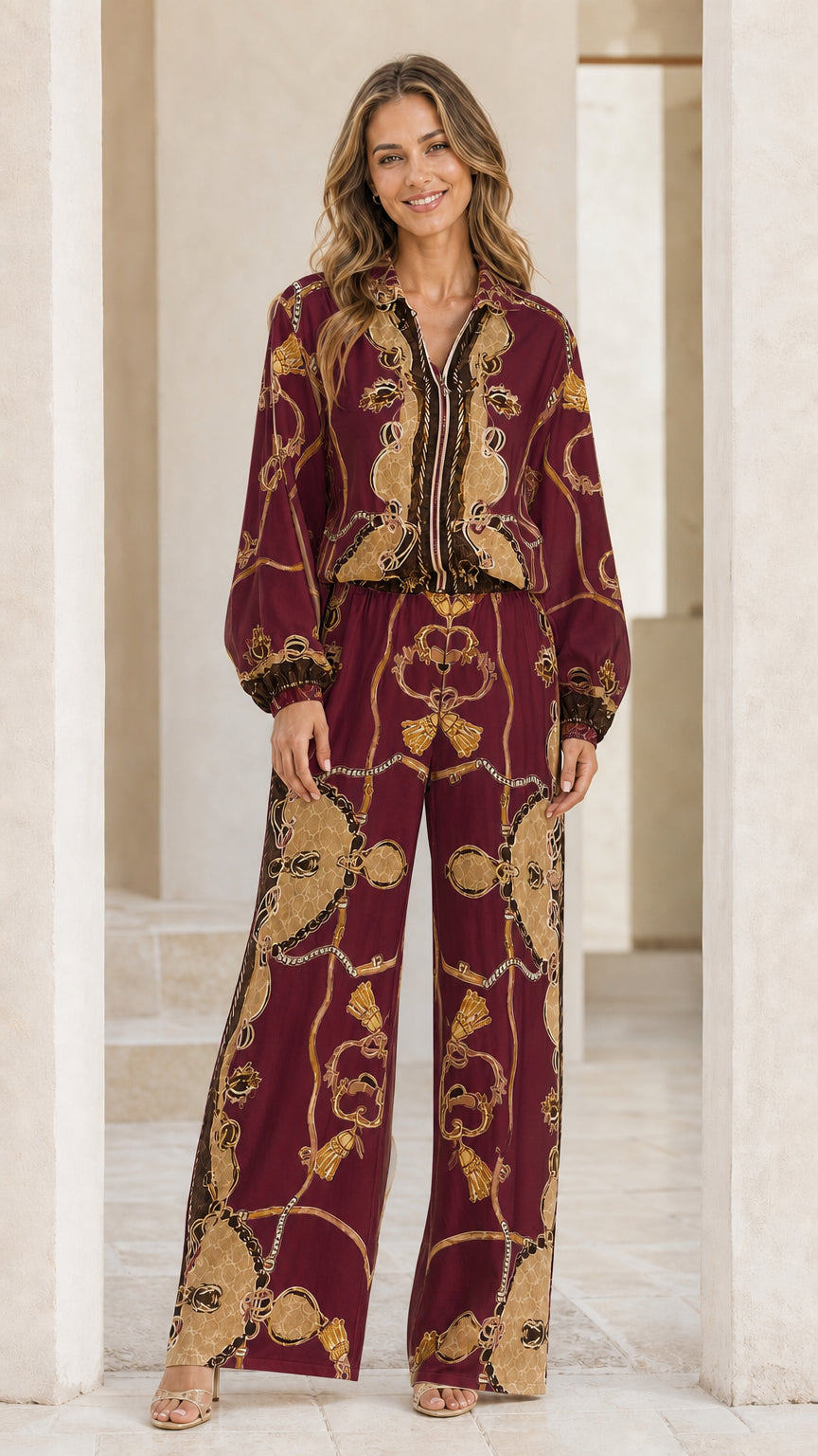 Model wearing burgundy barocco print two-piece set