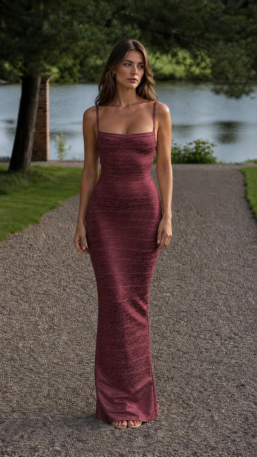 Model wearing burgundy textured bodycon maxi dress