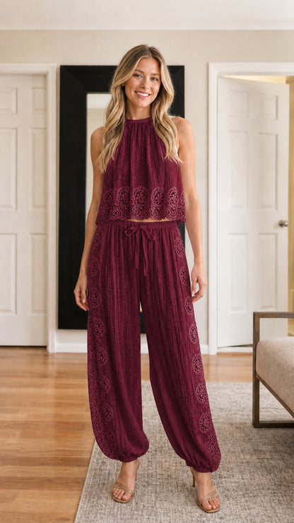 Model wearing burgundy two-piece set