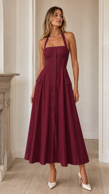 Front view of burgundy halter midi dress variant