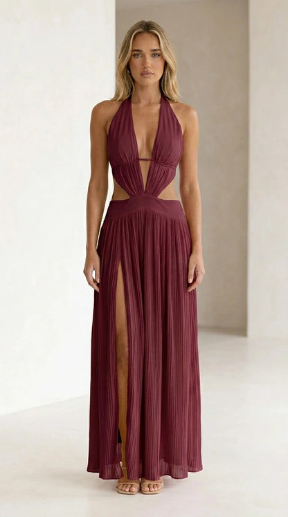 Burgundy color variant of halter neck cutout pleated maxi dress