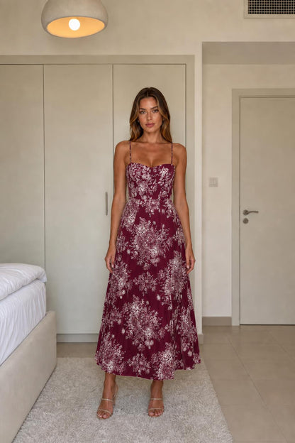 Burgundy floral midi dress variant